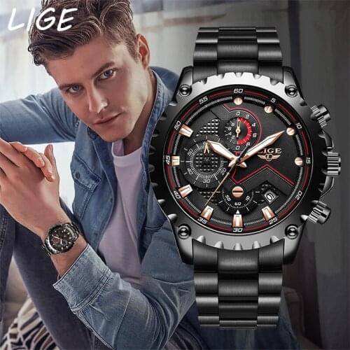 LIGE 2020 New Fashion Mens Watches with Stainless Steel Top Brand Luxury Sports Chronograph Quartz Watch Men Relogio Masculino