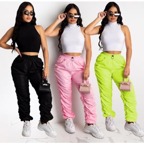DPSDE summer 2020 women street fashion casual movement style long pants elastic pockets pure color movement long pants