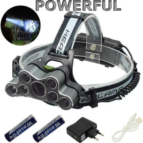 XML T6+Q5 Led Head Lamp 25000lm 7/9 Leds Frontal Flashlight Powerful Rechargeable 18650 Battery Headlight + USB Cable