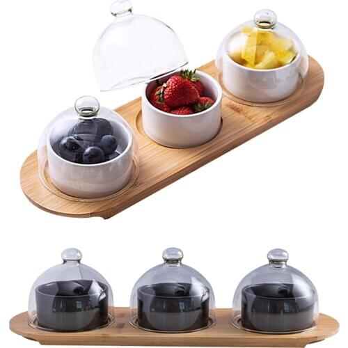 Ceramic Baking Cake Mold Hygienic Healthy Bowl Set Decor With Glass Lid Wooden Tray For Dim Sum Dessert Fruit Holder