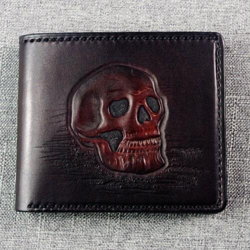 Handmade Short Carving Skull Wallets Purses Women Men Clutch Vegetable Tanned Leather Wallet Card Holder Cartera Hombre