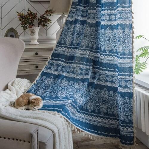 Lace denim printed curtain finished cotton linen tassel Japanese style kitchen curtain floating window curtain