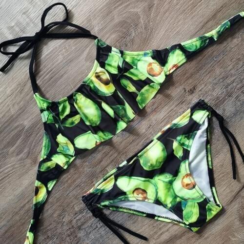 7-14 Years Girls Swimsuit Tropical Avocado Print Two Piece Childrens Swimwear Halter Top Girl Bikini Bandage Girls Bathing Suit