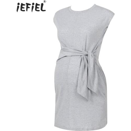 Summer Maternity Pure Color Tie-in Waist Pregnant Women Bodycon Dress Mother Clothes Vestidos Pregnancy High Waist Wrap Dress