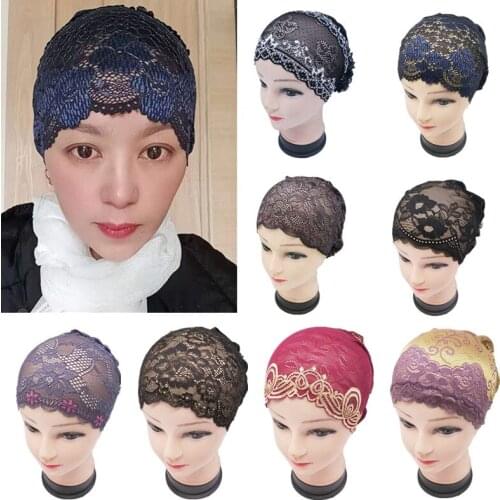 Muslim womens hijab Muslim headscarf lining hat heap heap hat breathable lace flower hat Islamic headdress hat chemo hat