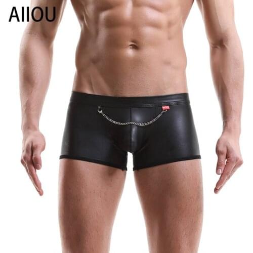 AIIOU Mens Underwear Boxers Black Imitation Leather Short Gay Pouch Performance Night Wear Mens Panties Lingerie Male Underwear