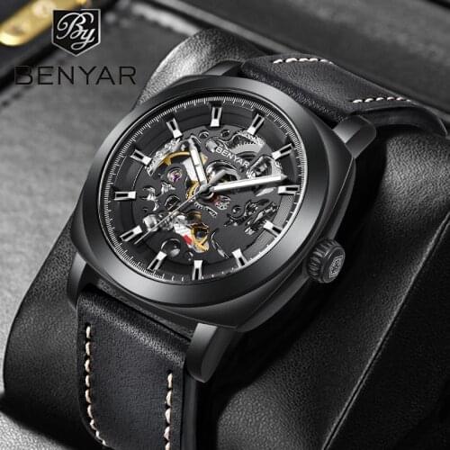 2021 New BENYAR Automatic Mechanical Watch Top Luxury Brand Watch Mens Fashion Leather Strap Waterproof Military Design Watches