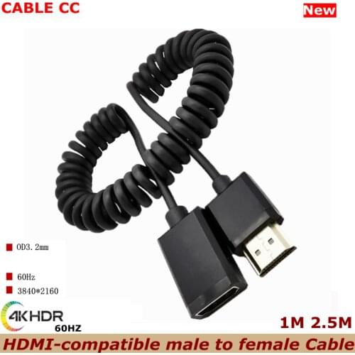 New HDMI male to female extension cable HDMI 2.0 90 degree tension spring crimped flexible thin cable 4K * 2K @ 60HZ OD 3.2mm