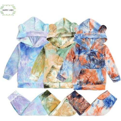2Pcs Fall Newborn Tie-dye Print Clothes Set Outfits Toddler Kids Boys Girl Long Sleeve Velvet Front Pocket Hoodies+Pants Costume