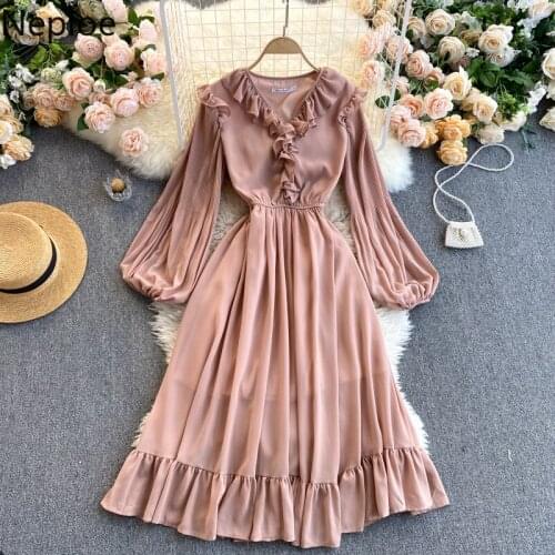 Neploe Vestido De Mujer Korean Vintage V Neck Ruffles Dress Spring Puff Sleeves Slim Waist Temperament Fashion Dresses Women