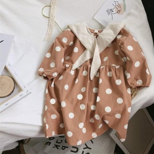 Girls Scarf Collar Polka Dot Dress Spring And Autumn New Childrens Cotton Long-Sleeve Casual Pleated Dresses WTA27