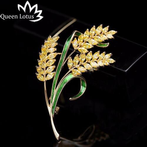 Queen Lotus New Luxury High Quality Plant Ears Brooches for Women AAA Zircon Jewelry Crystal Brooch and Pins For Gift