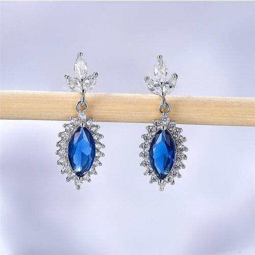 Luxury Female Blue Crystal Stone Earrings Rose Gold Silver Color Dangle Earrings Trendy Rainbow Leaf Wedding Earrings For Women