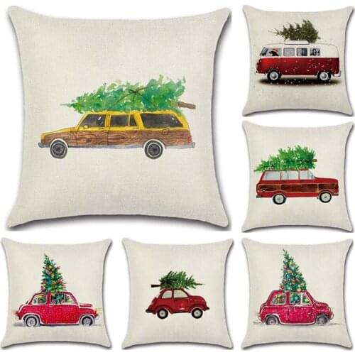 2pcs Christmas Red Truck 45x45cm Cushion Cover Christmas Tree Decoration Family Living Room Chair New Year Linen Pillow Case