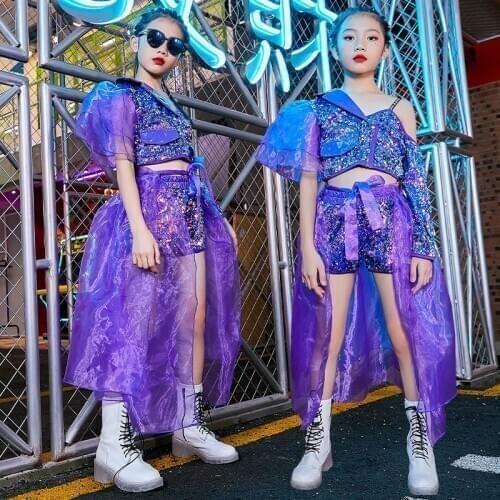 Shiny Sequined Stage Costumes For Children Hip Hop Performance Clothes Girls Jazz Dance Set Purple Strap Fashion Outfit DNV14051