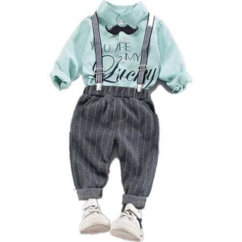 Spring Autumn Children Baby Boys Girls Cotton Clothes Sets Infant Beard Bow Tie Shirt Strap Pants 2Pcs Kids Toddler Casual Suits