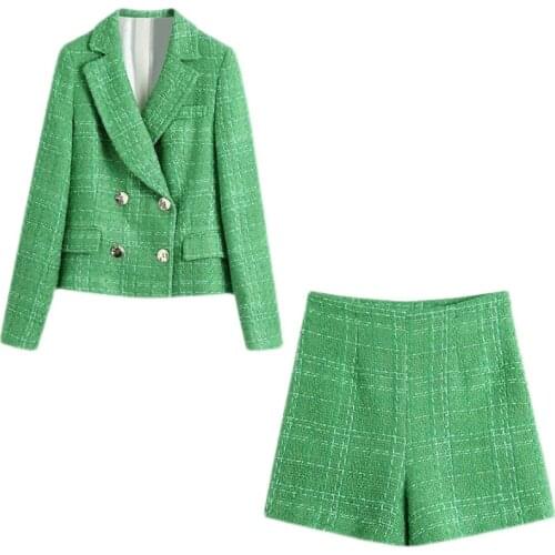 High Quality Ladies Suit Shorts Office 2-piece Set 2021 Spring and Autumn Plaid Green Elegant Long-sleeved Jacket Slim Shorts