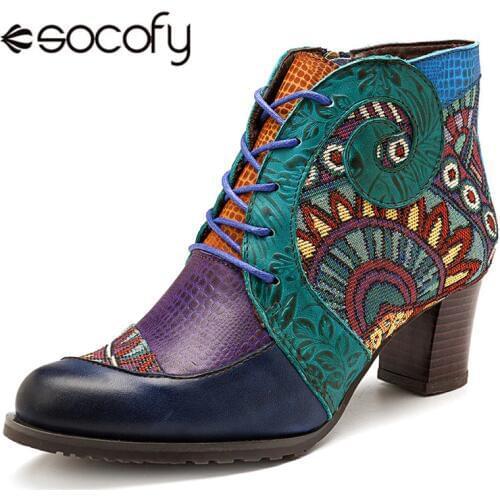 Socofy Retro Cowgirl Women Boots Genuine Leather Splicing Ankle Boots For Women Shoes Woman Casual Zipper Bohemian Booties Botas