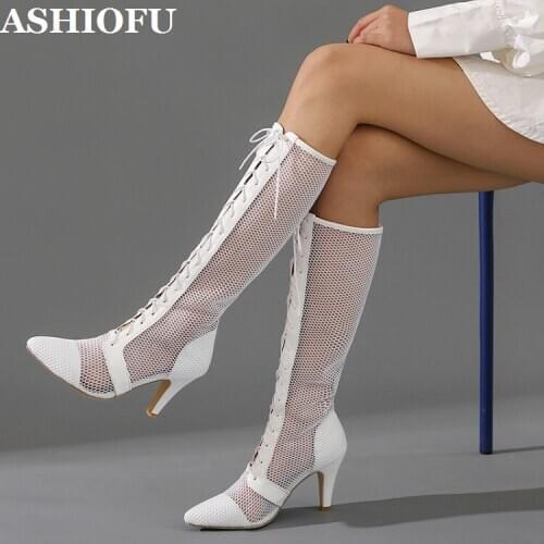 ASHIOFU Handmade Womens Midcalf Boots Sexy Air-mesh Patchwork Leather Cross-shoelace Party Prom Evening Fashion Summer Boots