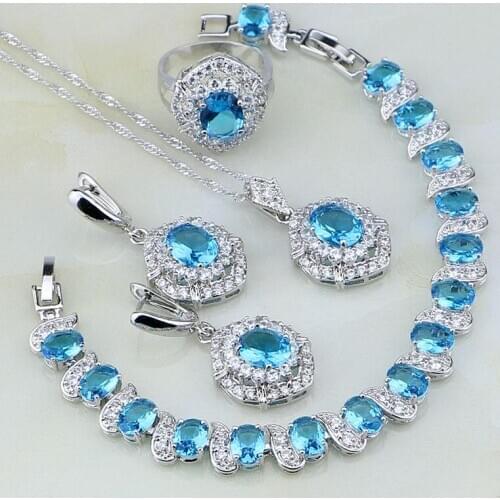925 Silver Jewelry Sky Blue Cubic Zirconia White Crystal Jewelry Sets For Women Wedding Earring/Pendant/Necklace/Bracelet/Ring