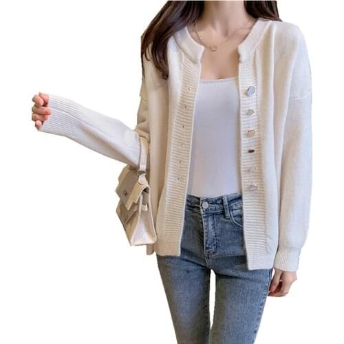 New women spring Autumn O-neck sweater solid color Single-breasted lady Basic style loose knitwear Cardigan sweater coat