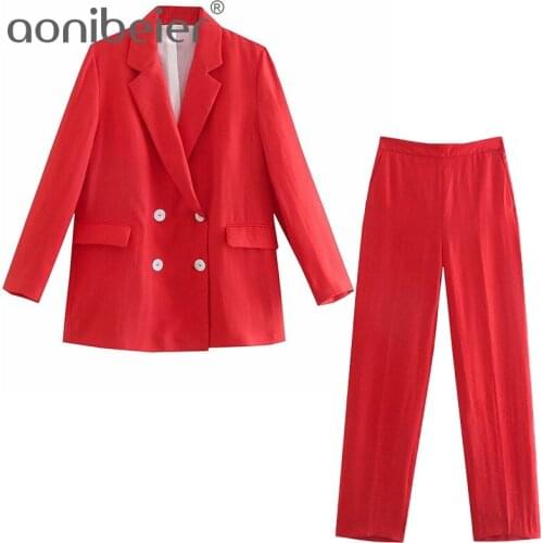 Aonibeier 2021 Za Woman Casual Traf Outfits Female Autumn Long Loose Blazers + Straight Pants Suits Office Lady 2 Piece Sets