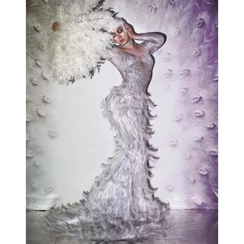 Elegant Wedding Party White Feathers Mermaid Long Dress Women Rhinestone Prom Trailing Dress Evening Wedding Gown Stage Clothing
