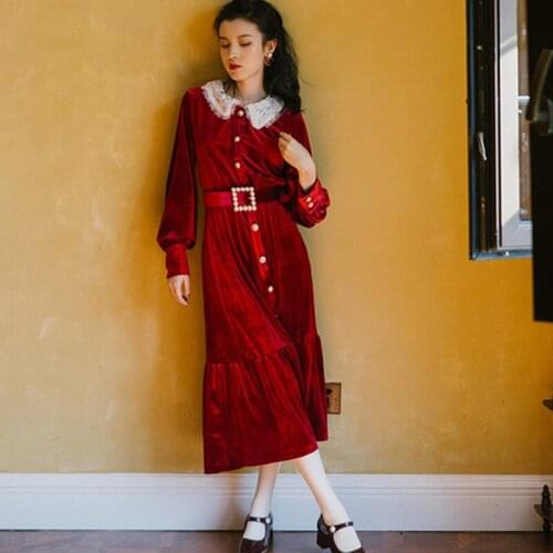 2020 Spring New Womens Dress Long Sleeve Pleuche Dress Lace Peter Pan Collar Beads Belt Sashes Autumn Solid Full Dress