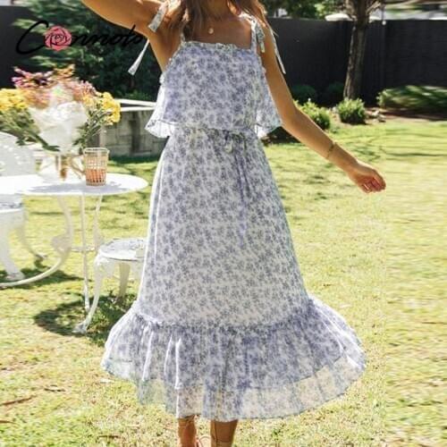 Conmoto Blue Floral Printed Sling Women Dress Summer leisure holiday style high waist midi dresses Casual ruffle female dress