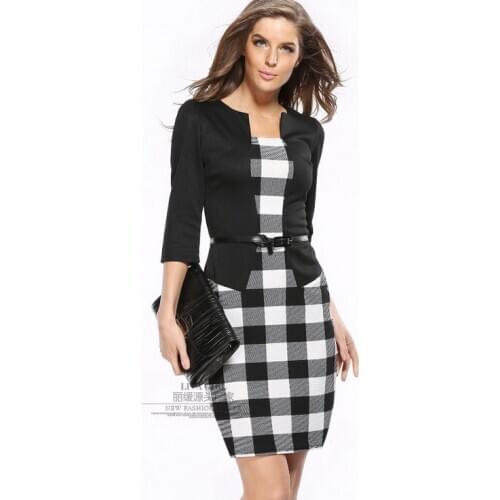 Good quality plus-size S-XXXL 2017 new fashion autumn dres Faux Two Piece Elegant Lady Plaid work Dress AU00626