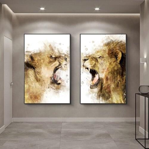Animal Male Lion and Lioness Golden Posters Wall Art Decorative Canvas Painting for Living Room Corridor Decor Prints Pictures