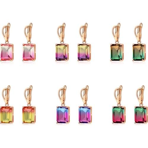 1 Pair Birthstone Copper Ear Clips Earrings KC Gold Color Rectangle Cubic Zirconia Pendants Earring For Women Wedding Trendy