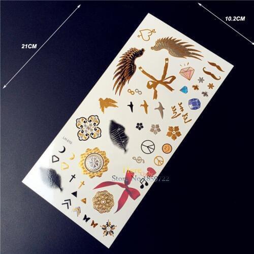 1PC Gold Henna Flower Temporary Tattoo, Flash Metallic Tattoo Wings, Corss Diamond Sexy Lip Tattoo Women Finger Hand Tattoo Kids