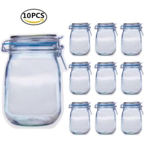 10Pcs Mason Jar Zipper Bags Reusable Food Saver Storage Bags Leakproof Snacks Zipper Bags for Travel Camping and Kids