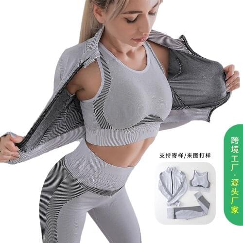 2021 seamless yoga clothing suit women zipper top sweatshirt three-piece gym suit