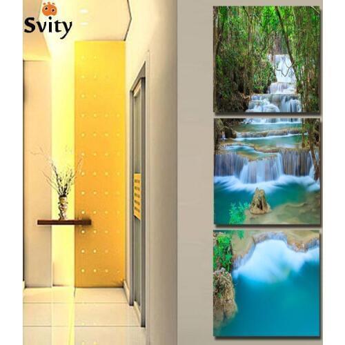 3 Panel Waterfull Tree Painting Picture Landscape Painting Canvas Art For Living Room No Frame Giveaways wall sticker