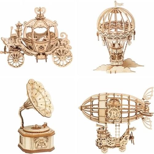 Robotime DIY 3D Wooden Puzzle Gramophone Box Pumpkin Cart Game Assembly Building Model Kit Toy Birthday Gift for Children Adult