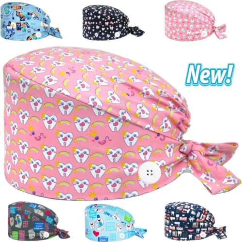Anime Dental Printing Scrubs Cap Pure Cotton Nursing Hat Nursing Dentist Women Men Nurse Working Surgicals Caps with Sweatband