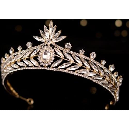 Baroque Vintage Gold Crystal Leaves Bridal Tiaras Crown Luxury Rhinestone Pageant Diadem Bride Headband Wedding Hair Accessories