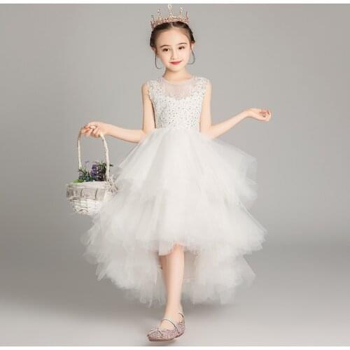 White Lace Flower Girl Dresses Puffy Pageant First Communion Dresses for Girls Beaded Tulle Kids Evening Wedding Party Gowns
