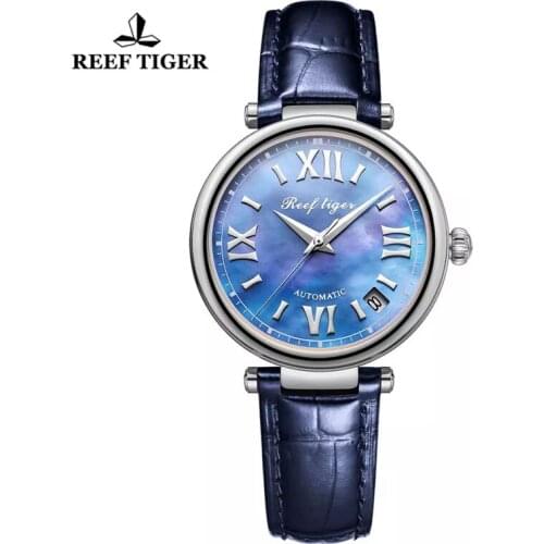 Reef Tiger/RT Luxury Automatic Mechanical Watch Leather Band Date Waterproof Ladies Watch Relogio Feminino
