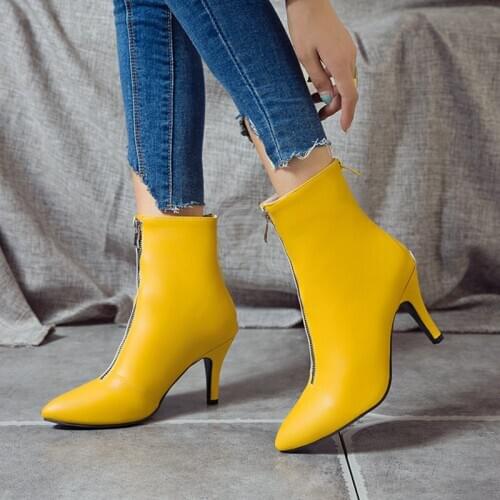 Winter Spring and Autumn Women Shoes PU High Heels Ladies Ankle Boots Sexy Front Zipper Decorative Short Boots Large Size 34-43