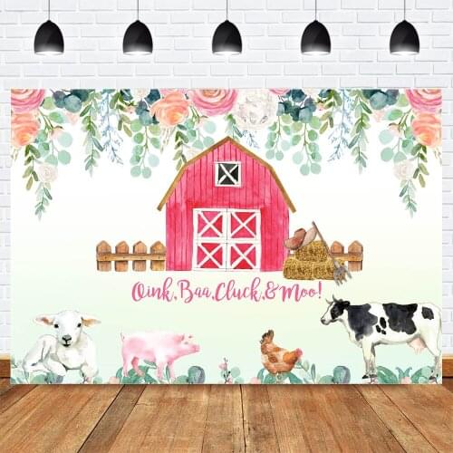 Farm Theme Photography Backdrops Photocall Red Warehouse Animals Straw Spring Birthday Party Background Sheep Chicken Cow