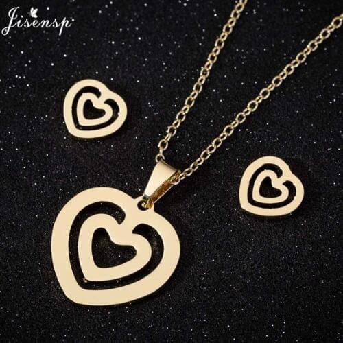 Jisensp Stainless Steel Sets for Women Double Heart Shape Necklace Earrings Jewelry for Women Lovers Engagement Jewelry collane
