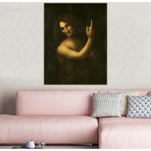 Citon Leonardo da Vinci《Saint John the Baptist》Canvas Oil Painting Artwork Poster Picture Wall Decor Home Living room Decoration