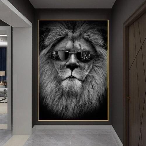 Canvas Painting Wild Animals Wall Art Lion With Black Glasses Poster Print Wall Picture for Living Room Home Decoration Cuadros