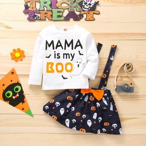 18M-6Y Toddler Girl Halloween Clothes Set Letter Long Sleeve O-neck Pullover + Cartoon Suspender Skirt Spring Autumn 2Pcs Outfit