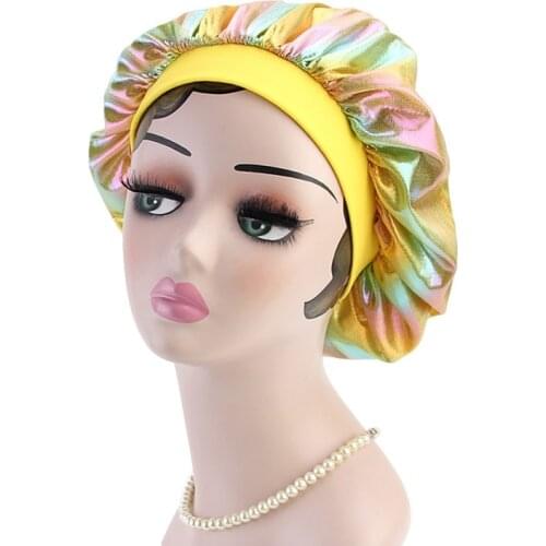 Colorful Hair Styling Caps Laser Women SilkyTurban Hat Wigs Women Satin Headwear Bonnet Sleeping Bandanas Hair Styling Tool