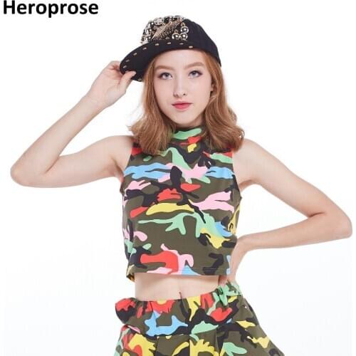 Heroprose New Fashion 2018 Women Hip hop dance Tank Top Camo Sexy Streetwear Cropped High-Necked Vest