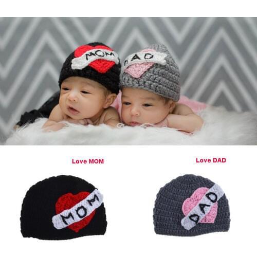 New Newborn Photography Props baby hat Knitting Crochet Love Mom and Love Dad Baby Hat Infant Photo Costumes Sweet Heart Hat